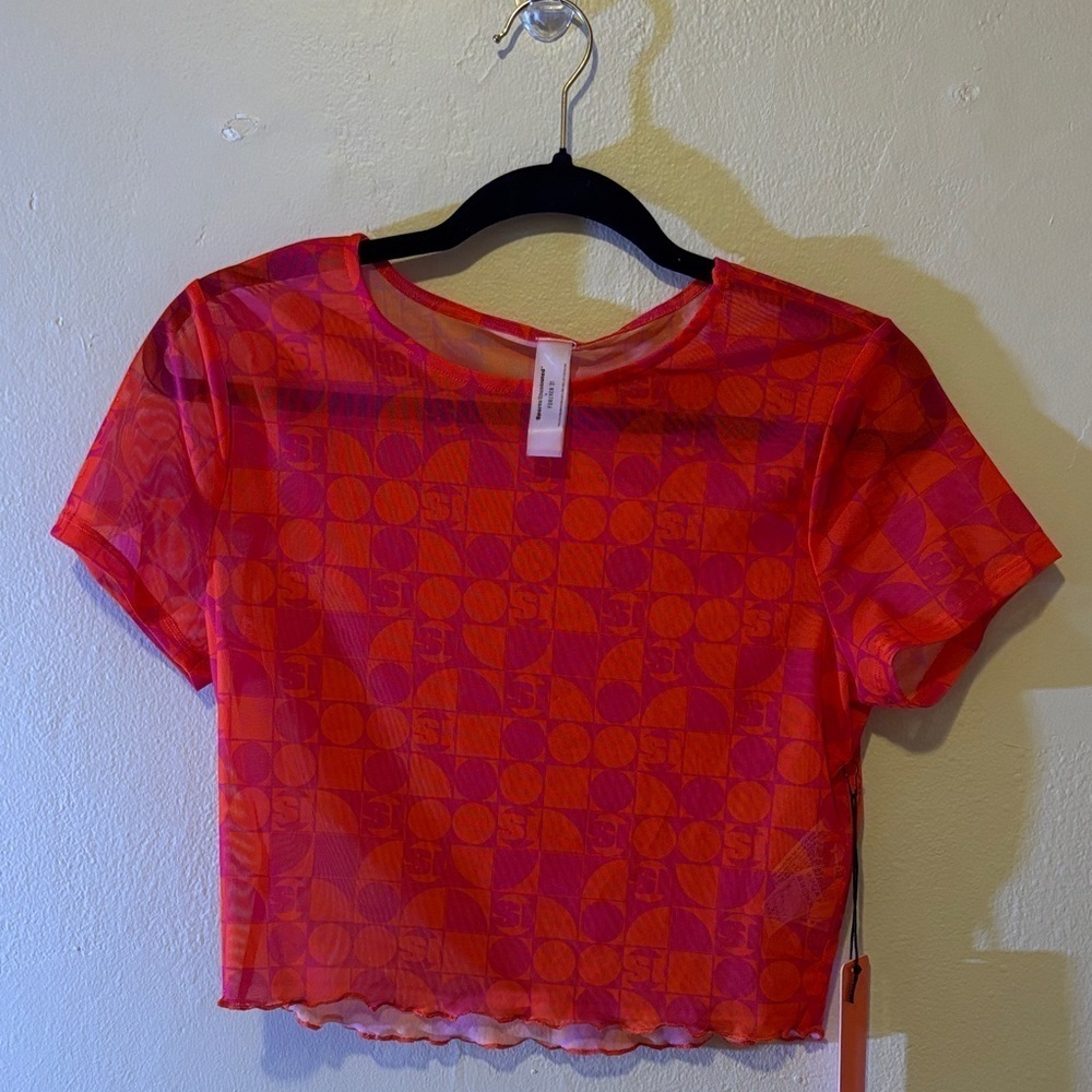 Forever 21 Red and Pink Sheer Geometric Top